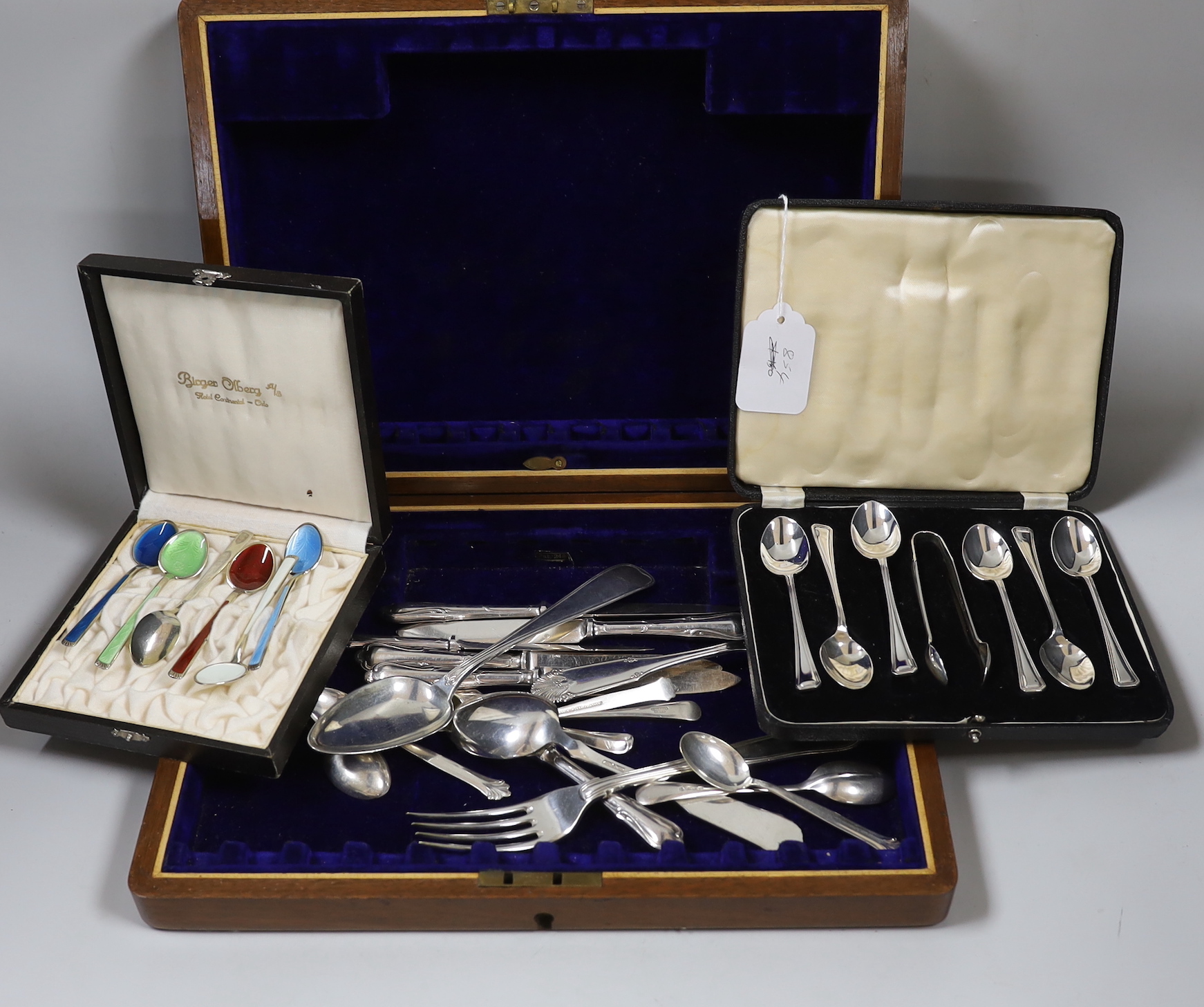A cased set of six Norwegian 925S and enamelled coffee spoons, a cased set of six silver teaspoons and other assorted flatware including white metal.